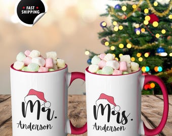 Personalized Mr and Mrs Christmas Mug Set, Custom Family Name, Christmas Gift for Husband or Wife, 15oz
