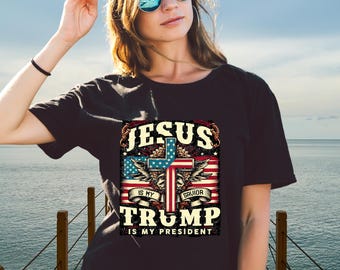 Christian Conservative Patriotic Tee, Religious Trump Supporter Shirt, American Flag Graphic Tshirt, Jesus Trump USA Top, Red White Blue Tee