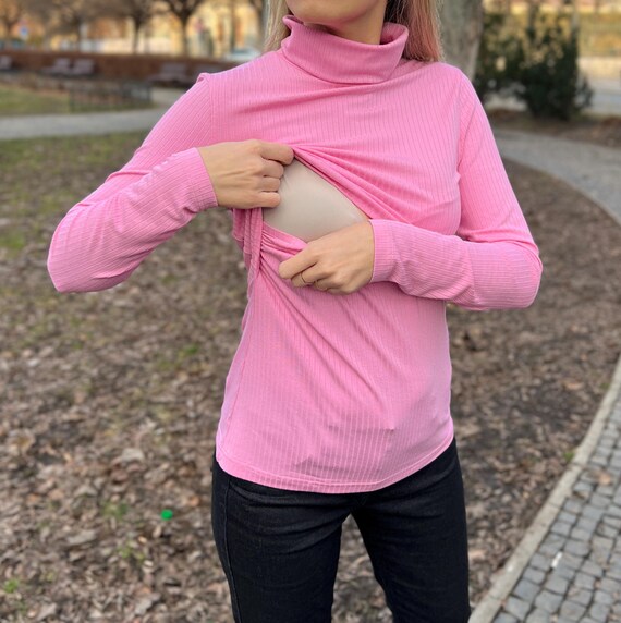 Silk Viscose Jersey Turtleneck Breastfeeding Top: Handmade Long