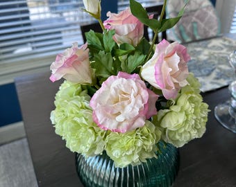 Hydrangeas With Pink Lisianthus, Spring Faux Flower Arrangement For Home Decor