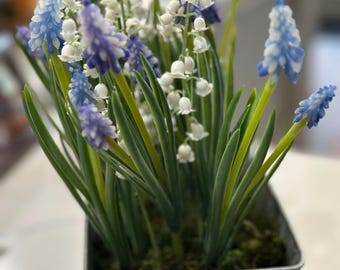 Faux Lily of the Valley  Grape Hyacinth Arrangement, Spring Floral Centerpiece,  Realistic Flowers in Galvanized Metal Planter Home Decor