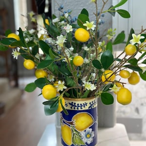 Amalfi Coast Lemon Faux Flower Arrangement – Blue Yellow Italian Ceramic Vase with Lemons, Blossoms, Greenery & Blueberries