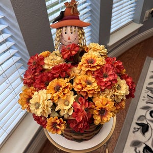 Scarecrow in Zinnia Field, Whimsical Basket Arrangement for Autumn Decor, Great Gift for Thanksgiving or Harvest Celebrations