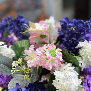 Faux Lilac Flower Arrangement in White Textured Vase – Light Pink, Lavender, Dark Purple & White – Faux Spring Centerpiece- Vase included