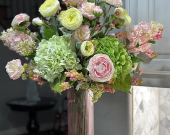 Luxury Pink and Apple Green Says Spring!  Pink and Apple Green Faux Flower Arrangement--Perfect for Spring Decor or  Gift.