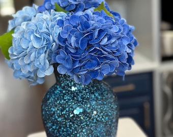 Elegant Blue Hydrangea Arrangement in Crackle Glass Vase – Perfect for Spring & Summer