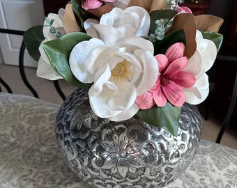 Faux Magnolia Floral Arrangement: Elegant Farmhouse Table Centerpiece (Vase is not included)