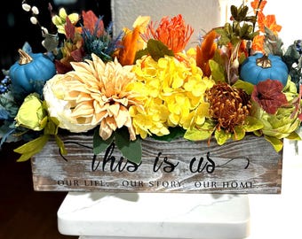 Fall Faux Floral Centerpiece: Rustic Farmhouse Planter Box with Pumpkins "This is Us"