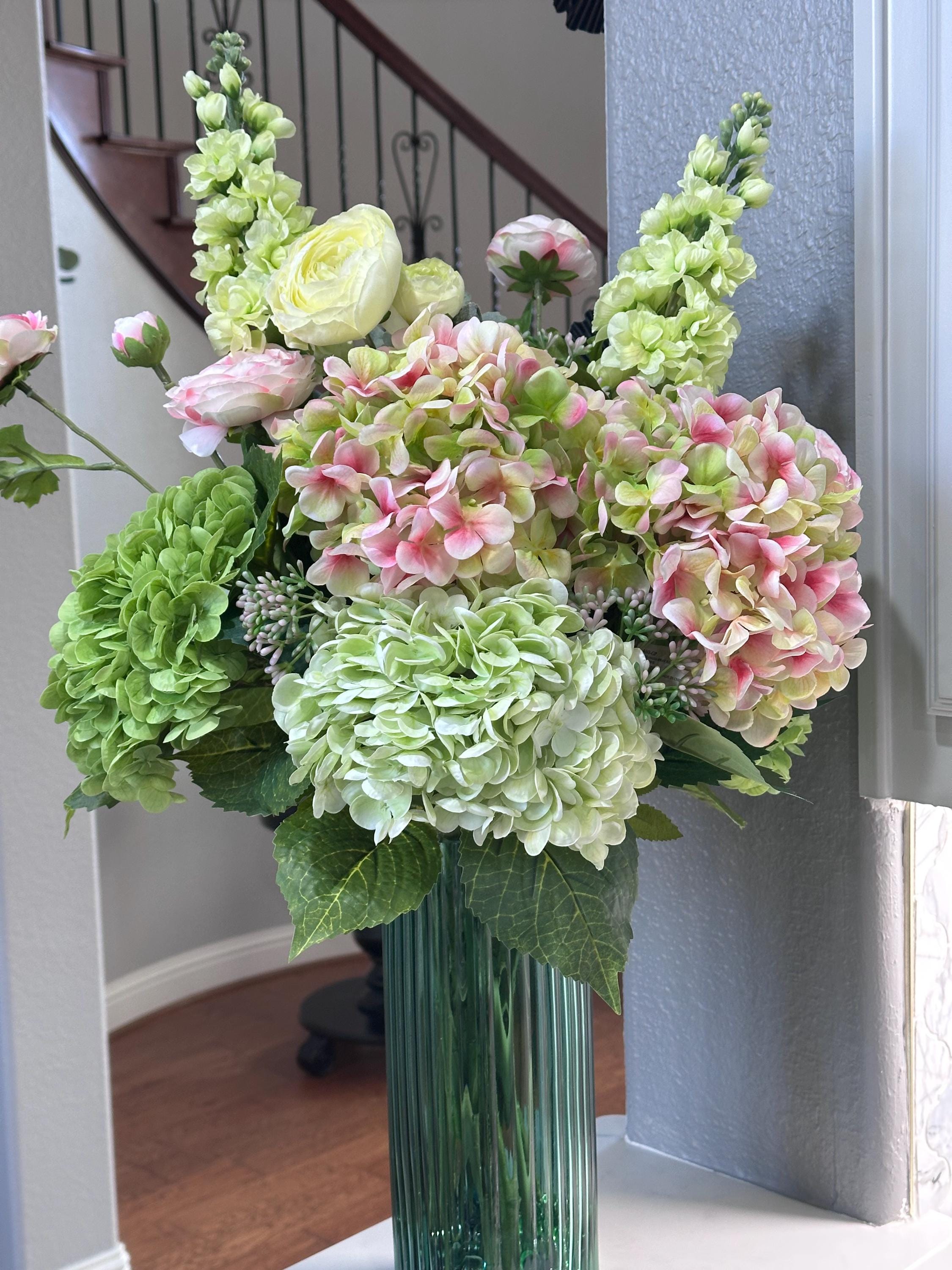 Luxury Faux Hydrangea and Ranunculus Floral Arrangement in Green Ribbed Glass Vase – Large 360 Centerpiece for Spring, Easter decor
