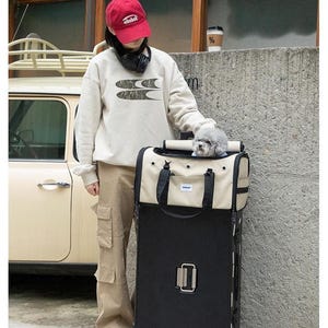 May include: A person stands next to a vintage car, holding a black and beige pet carrier on wheels. The carrier has a small dog inside. The person wears a red cap with white text, a cream-colored sweatshirt, and tan pants.