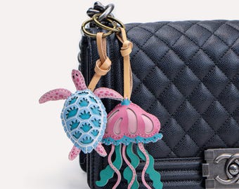 Leather TURTLE Bag Charm, Sea Collection Keychain, Purse Charm, Car Hanging Accessories, Unique Small Gift For Him Her
