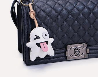 GHOST Leather Bag Charm, HALLOWEEN Spooky Cute Accessories Key Chain, Purse Charm Handmade Backpack , Unique Gift For Him Her Kid Women