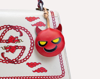 DEVIL FACE Leather Bag Charm, HALLOWEEN Spooky Cute Accessories Key Chain, Purse Charm Handmade Backpack , Unique Gift For Him Her Kid Women