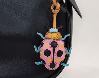 Leather LADY BUG Bag Charm, Bee Keychain, Purse Charm, Car Hanging Accessories, Unique Small Gift For Him Her