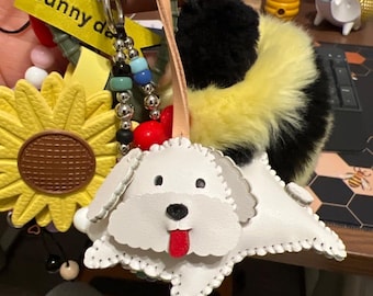 White Poodle Leather Bag Charm, Dog Collection, Brown Poodle, Tiger Purse Charm, Car Hanging Accessories, Unique Small Gift For Him Her