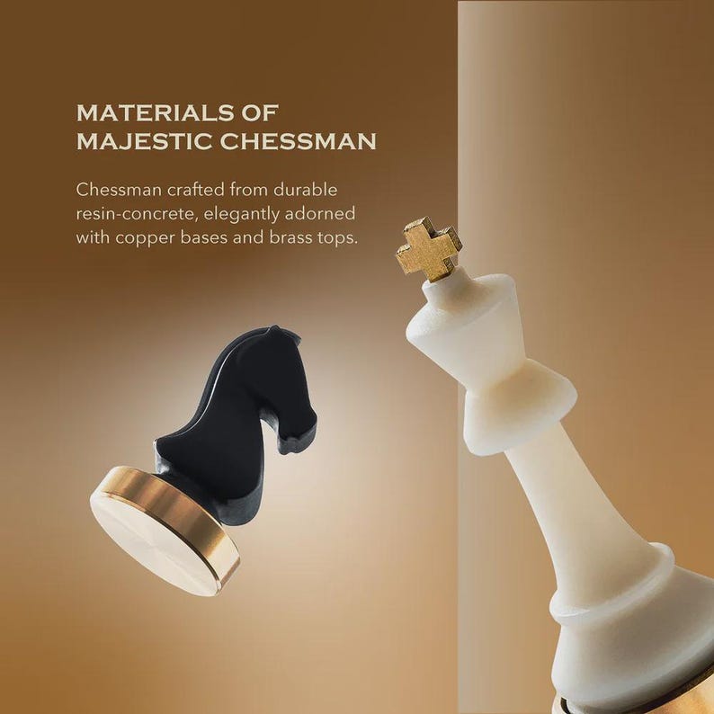 May include: A close-up of chess pieces, including a black knight and a white king. The knight has a gold-colored base, and the king has a gold cross on top. The text "MATERIALS OF MAJESTIC CHESSMAN" is visible.