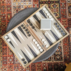 Premium Handcrafted Backgammon Set, Luxury Wooden Board Game with Brass Checkers, Dice Shakers and Vegan Leather Box, Gift for Him Her