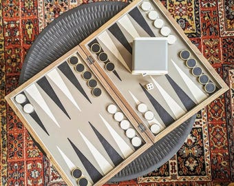 Premium Handcrafted Backgammon Set, Luxury Wooden Board Game with Brass Checkers, Dice Shakers and Vegan Leather Box, Gift for Him Her