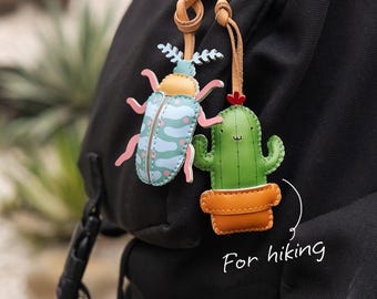 Leather INSECT Bag Charm, Lady Bug Keychain,  BEAN LEAF Purse Charm, Car Hanging Accessories, Bee Unique Small Gift For Him Her