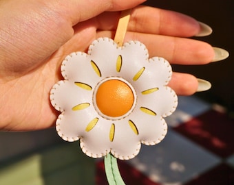 Leather DAISY Bag Charm, Handmade Flower Collection, Orchid Keychain Purse Charm, Hanging Accessories, Floral Gift For Him Her