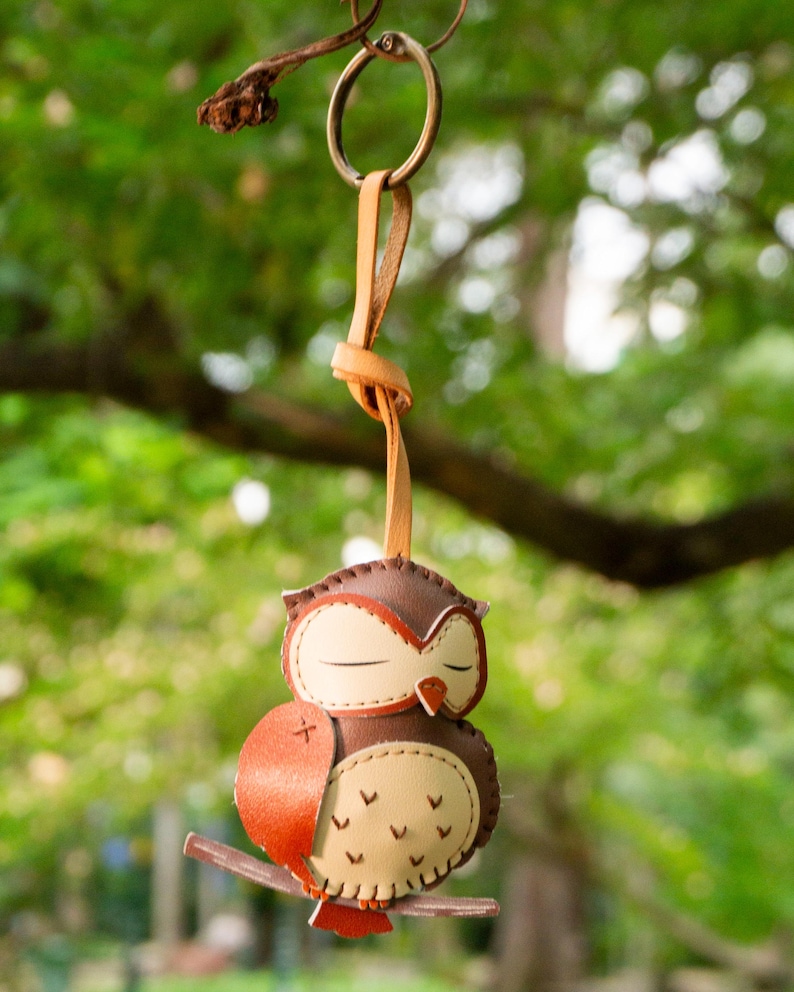 May include: A brown and tan leather owl keychain with a closed-eye design, hanging from a metal ring and leather strap. The owl is perched on a small branch, with a red-orange wing. The background is a blurred green.