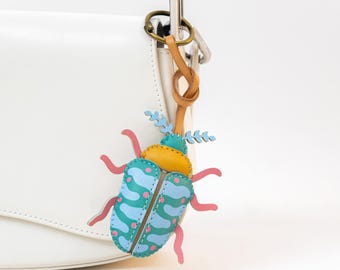 Leather BEAN LEAF Bag Charm, Lady Bug Keychain, Purse Charm, Car Hanging Accessories, Bee Unique Small Gift For Him Her