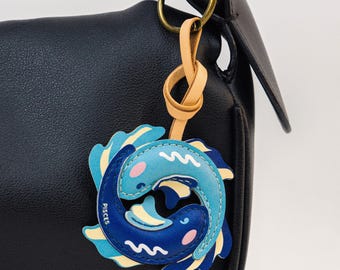 レザー製 魚座 バッグチャーム、星座キーホルダー、星占い財布チャーム