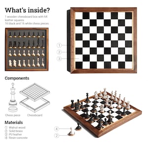 May include: A wooden chessboard with black and white squares, and a set of chess pieces. The image shows the components, including a chessboard box, chess pieces, and materials like walnut wood and solid brass.
