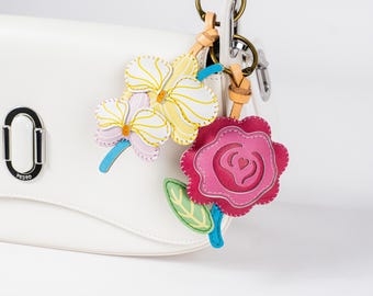 Orchid Rose Flower Leather Bag Charm, Handmade Flower Collection, Sakura Keychain Purse Charm, Hanging Accessories, Small Gift For Him Her