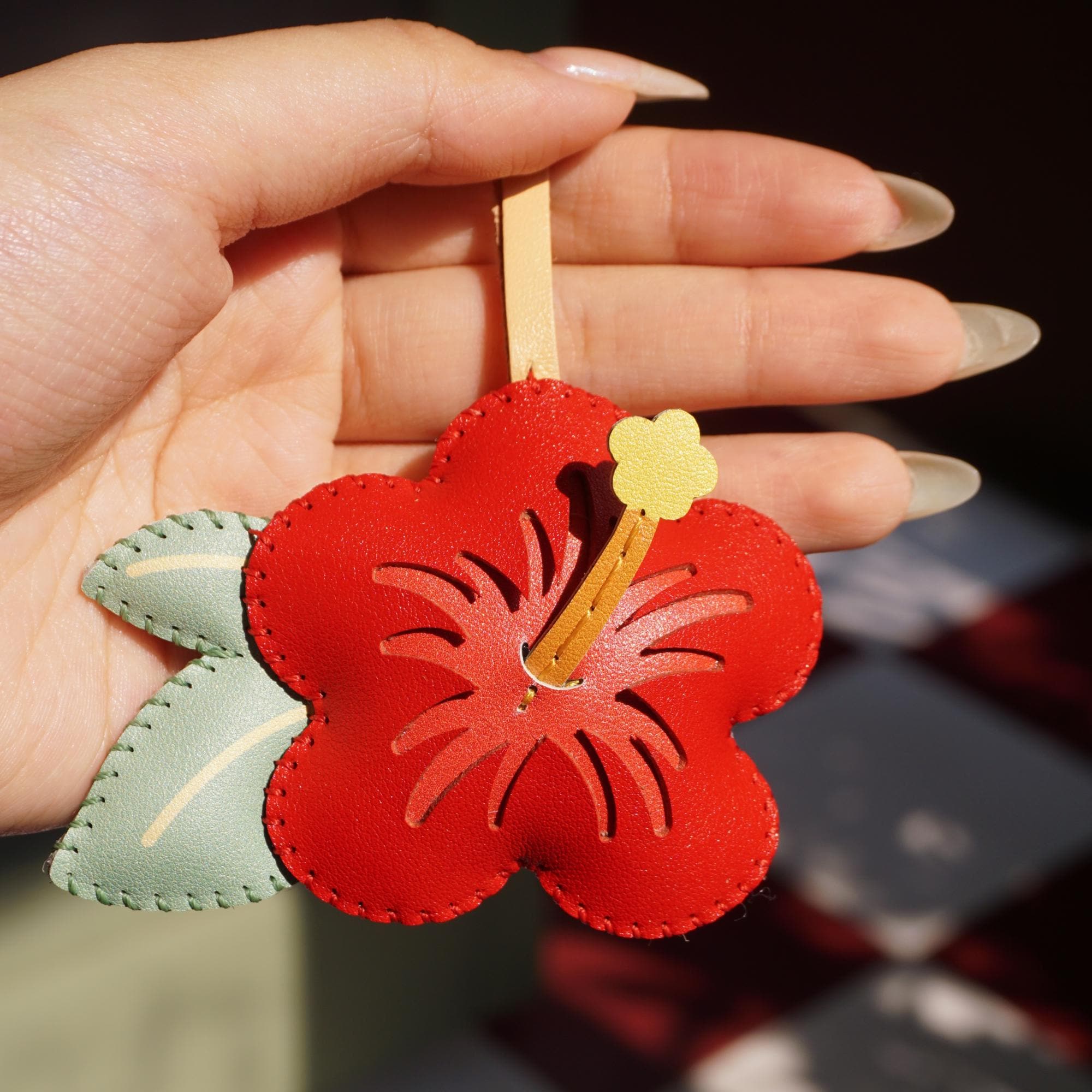 Leather HIBISCUS  Bag Charm, Handmade FLOWER Collection, Orchid Keychain Purse Charm, Hanging Accessories, FLORAL Gift For Him Her