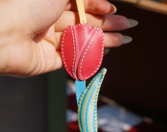 Leather TULIP Bag Charm, Handmade Flower Collection, Orchid Keychain Purse Charm, Hanging Accessories, Floral Gift For Him Her