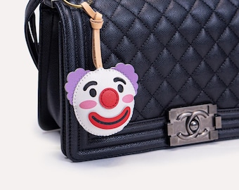 CLOWN Leather Bag Charm, HALLOWEEN Spooky Cute Accessories Key Chain, Purse Charm Handmade Backpack , Unique Gift For Him Her Kid Women
