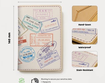 World Stamp Leather Passport Cover Holder Wallet - Personalized Travel Collection  Accessories - Unique Small Gift For Lover Him Her