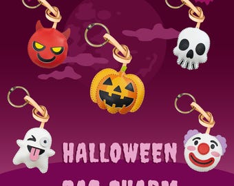 HALLOWEEN Leather Bag Charm, Spooky Cute Accessories Key Chain, Ghost Purse Charm Handmade Backpack , Skeleton Gift For Him Her Kids Women