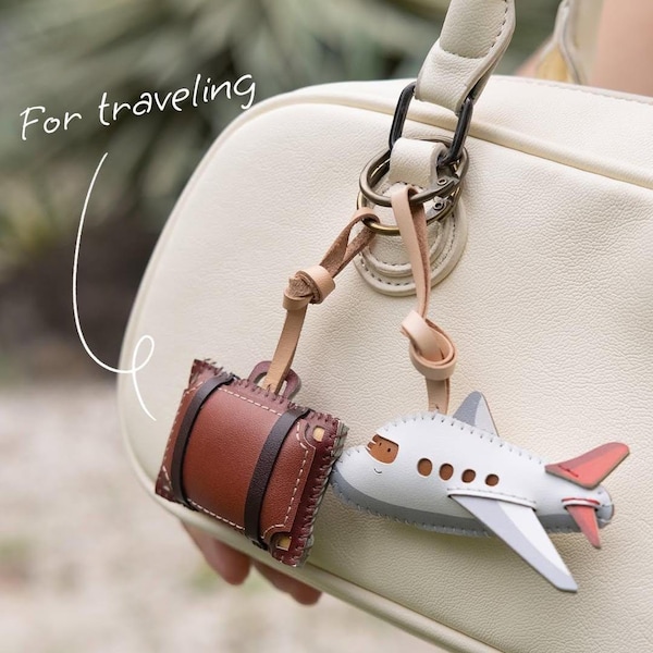 PLANE Travel Bag Charms and Luggage Keychains, Leather Accessory Gift for Travelers, Cute Purse Charm for Him Her