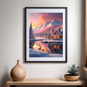 Winter Christmas Wall Art Christmas Printable with snowy landscape Digital art print December for Home Decor Winter Christmas twilight print