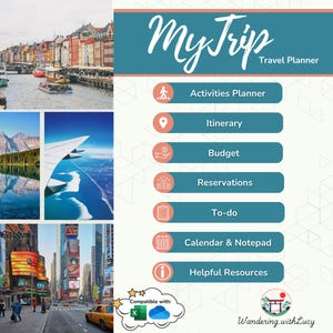 Pode incluir: Um planejador de viagens intitulado "My Trip" com um design azul-petróleo e branco. O planejador inclui seções para atividades, itinerário, orçamento, reservas, lista de tarefas, calendário e recursos úteis. A imagem apresenta fotos de viagens.