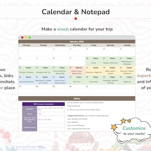 May include: A visual calendar and notepad for planning a trip to Japan in January. The calendar features daily activities and locations, including Tokyo, Kyoto, Osaka, and Hakone. The notepad section includes notes for the trip, such as welcome information, Instagram reel itinerary, and a 2025 January tournament schedule.