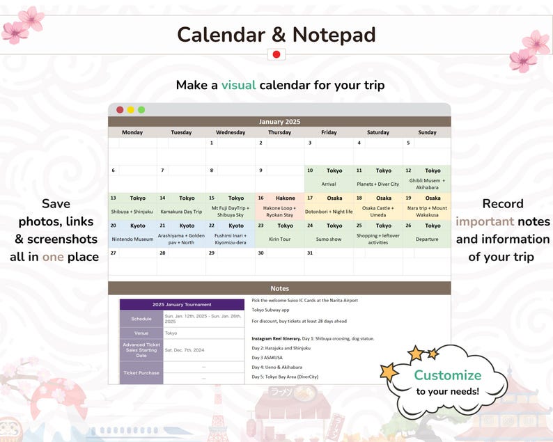 May include: A visual calendar and notepad for planning a trip to Japan in January. The calendar features daily activities and locations, including Tokyo, Kyoto, Osaka, and Hakone. The notepad section includes notes for the trip, such as welcome information, Instagram reel itinerary, and a 2025 January tournament schedule.