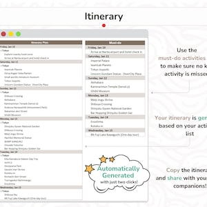May include: A colourful itinerary for a trip to Japan, with a list of must-do activities and a section for automatically generated itinerary plans. The itinerary includes a list of activities for each day, including visiting temples, museums, gardens, and other attractions. The text "Automatically Generated with just two clicks!" is highlighted in a cloud shape.