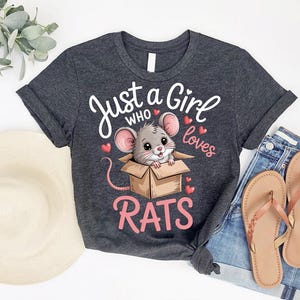 a gray t-shirt with a cartoon mouse inside a cardboard box, accompanied by the text "Just a Girl who loves Rats". The t-shirt is laid out on a white background, along with a hat, a pair of jeans, and a pair of sandals.