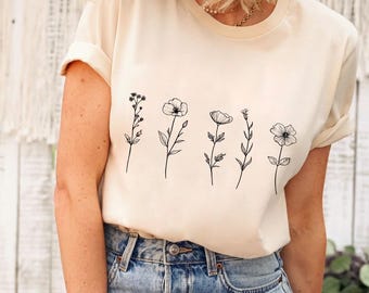 Minimalist Floral Line Art T-Shirt: Botanical Sketch Tee