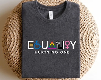 May include: A dark gray t-shirt with the word "EQUALITY" printed in white letters. The letters are decorated with various symbols representing different groups, including a wheelchair, a rainbow, a triangle, a fist, and a female symbol. The text "HURTS NO ONE" is printed below the word "EQUALITY".