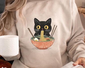 Adorable Black Cat Ramen Sweatshirt – Cozy Japanese Noodle Bowl Cat Design | Cute Foodie Apparel