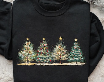 Watercolor Christmas Trees Sweatshirt - Pink Festive Holiday Shirt - Cozy Winter Graphic Sweatshirt