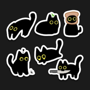 May include: A set of nine black cat stickers with various poses and expressions. The cats have yellow eyes and are outlined in white. Some cats have additional details like a plant growing on their head or a knife in their mouth.