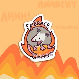 May include: A sticker featuring a cartoon possum with a red, orange, and yellow flame design. The possum is yelling and has a white stripe on its face. The text "EMBRACE CHAOS" is written in a black outline on the sticker.