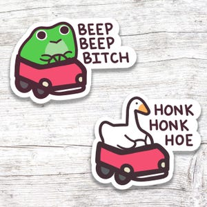 Cute Road Raging Frog and Goose Matching Sticker Set ~ Glossy Vinyl Waterproof Funny Meme Stickers For Water Bottles, Laptops Gifts, etc.