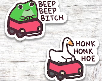Cute Road Raging Frog and Goose Matching Sticker Set ~ Glossy Vinyl Waterproof Funny Meme Stickers For Water Bottles, Laptops Gifts, etc.