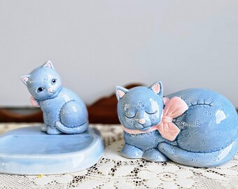 Vintage Blue Cat Bathroom Toothbrush & Soap Dish Set